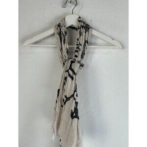 Tumar Handmade Scarf 64"x6" White & Black Print Fringe Lightweight Neck Warmer
